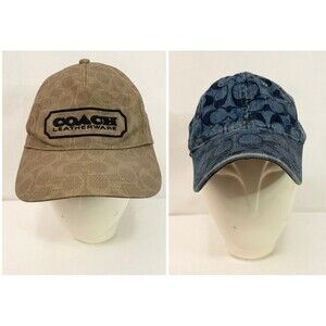 (2) Coach Monogram Cap Hat Leather Strap Beige Brown Blue Denim Logo Adjustable